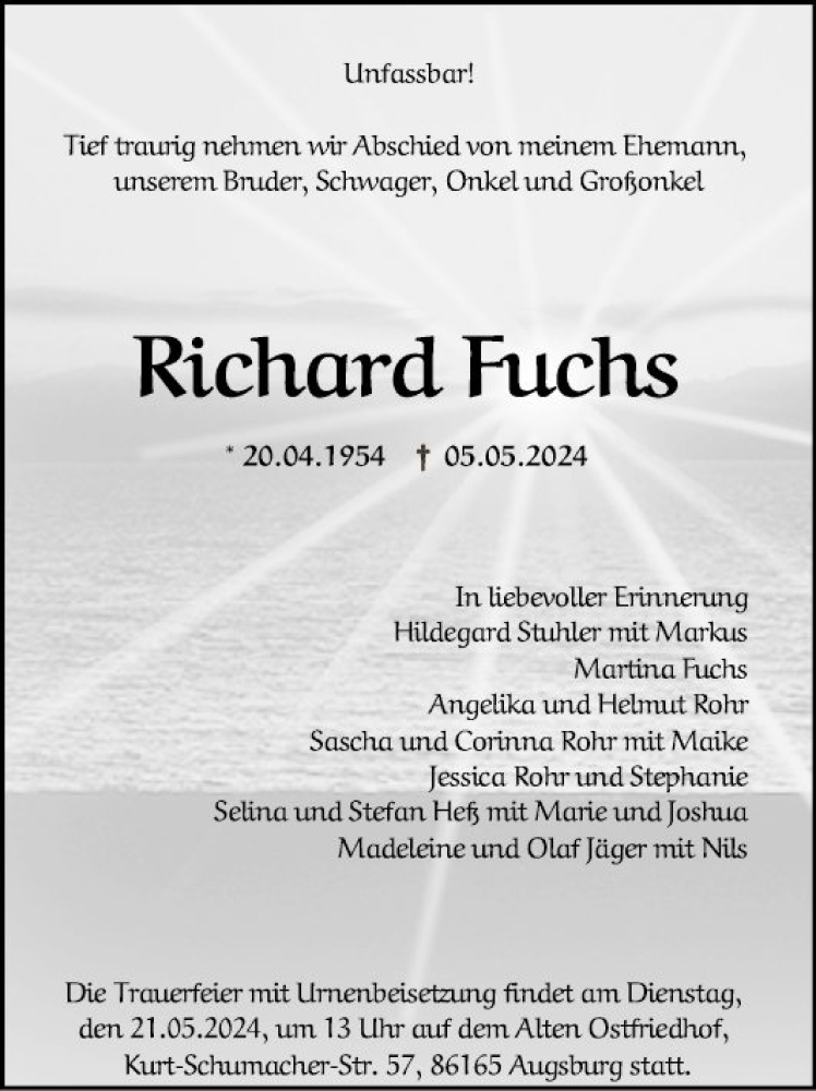  Traueranzeige für Richard Fuchs vom 11.05.2024 aus Schwetzinger Zeitung