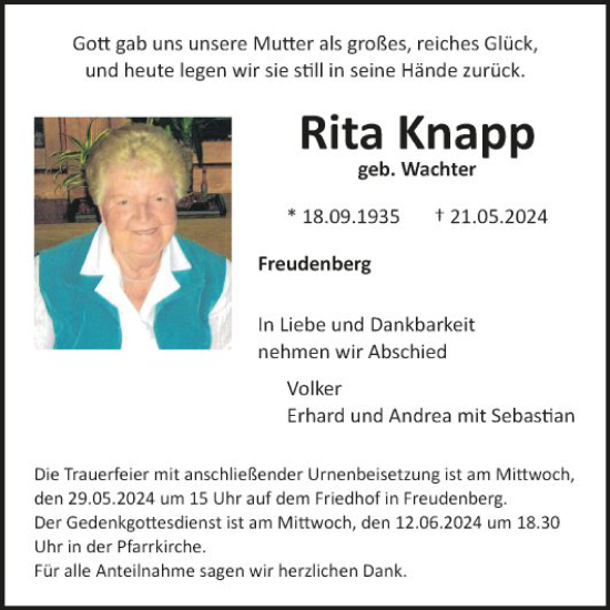 Traueranzeige von Rita Knapp von Fränkische Nachrichten