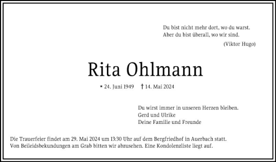 Traueranzeige von Rita Ohlmann von Bergsträßer Anzeiger