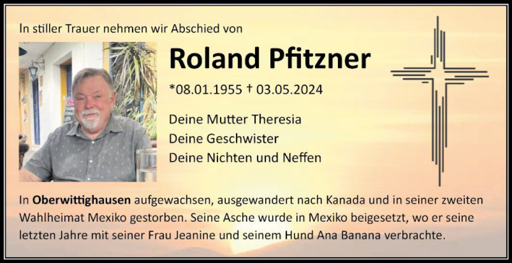  Traueranzeige für Roland Pfitzner vom 18.05.2024 aus Fränkische Nachrichten