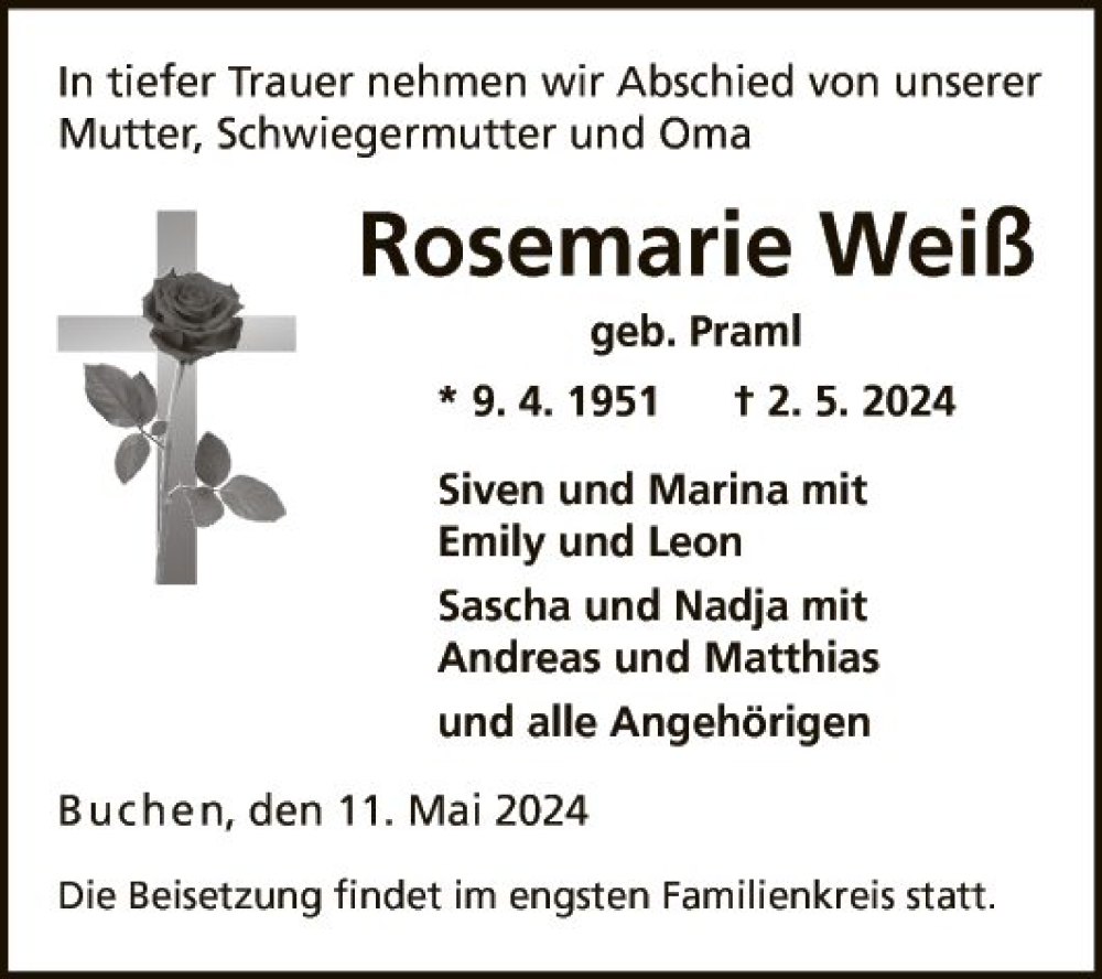  Traueranzeige für Rosemarie Weiß vom 11.05.2024 aus Fränkische Nachrichten