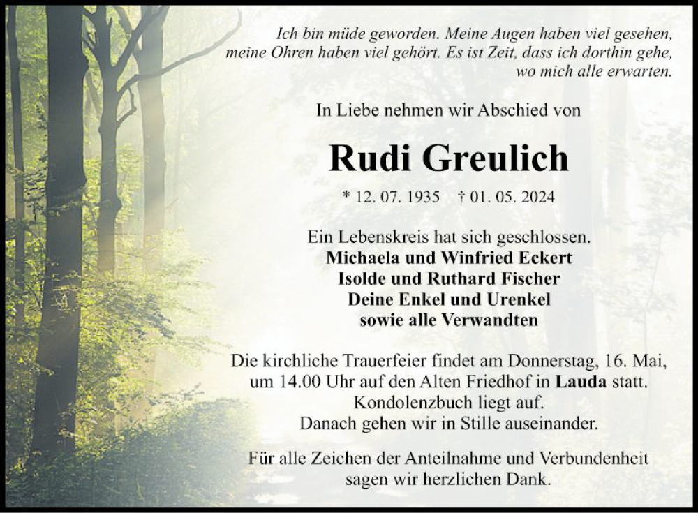  Traueranzeige für Rudi Greulich vom 10.05.2024 aus Fränkische Nachrichten