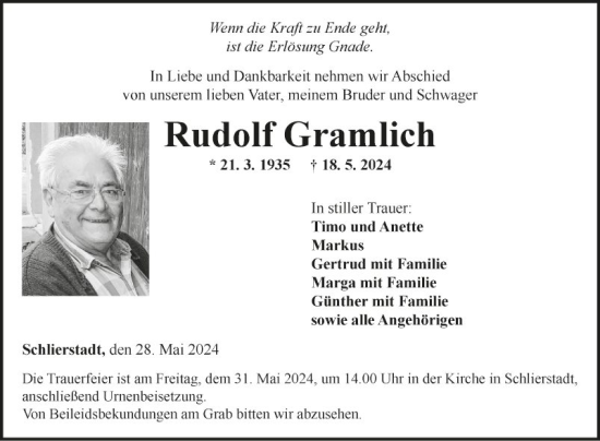 Traueranzeige von Rudolf Gramlich von Fränkische Nachrichten