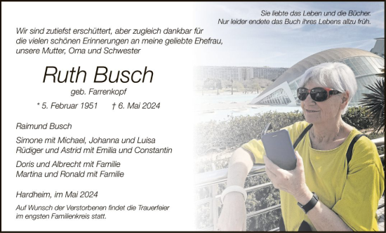 Traueranzeige von Ruth Busch von Fränkische Nachrichten