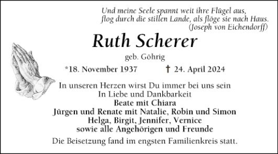 Traueranzeige von Ruth Scherer von Mannheimer Morgen