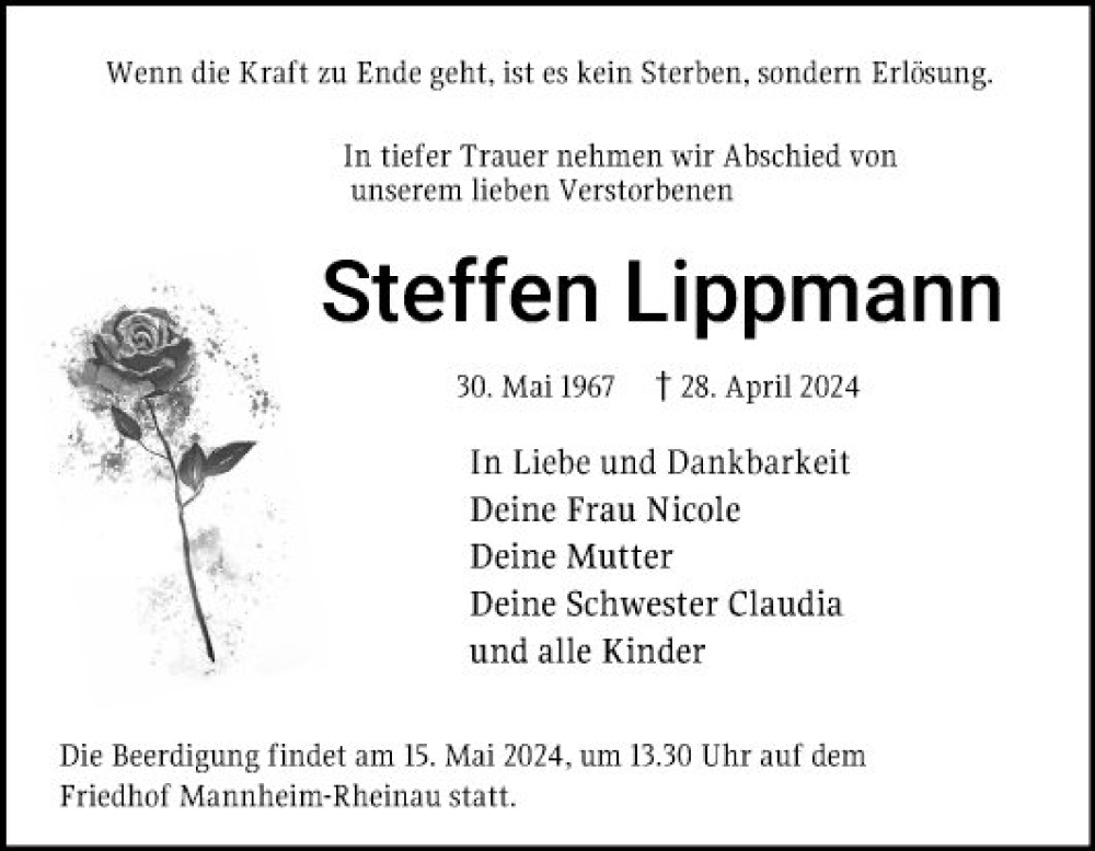  Traueranzeige für Steffen Lippmann vom 11.05.2024 aus Mannheimer Morgen