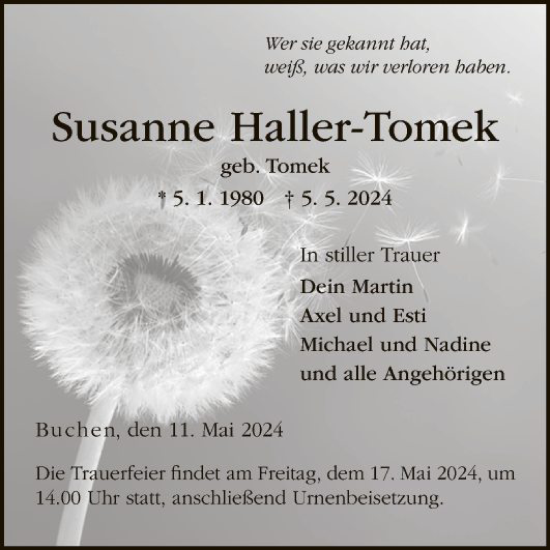 Traueranzeige von Susanne Haller-Tomek von Fränkische Nachrichten