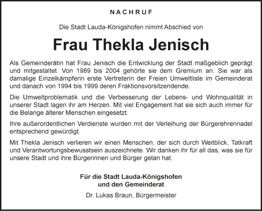  Traueranzeige für Thekla Jenisch vom 23.05.2024 aus Fränkische Nachrichten