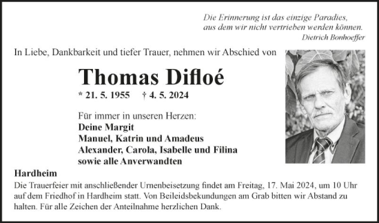 Traueranzeige von Thomas Difloé von Fränkische Nachrichten