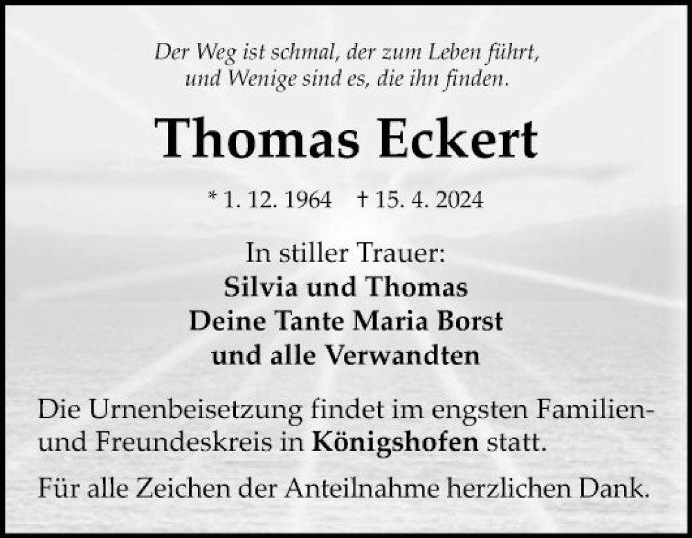  Traueranzeige für Thomas Eckert vom 15.05.2024 aus Fränkische Nachrichten