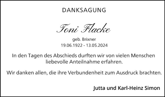 Traueranzeige von Toni Flacke von Schwetzinger Zeitung