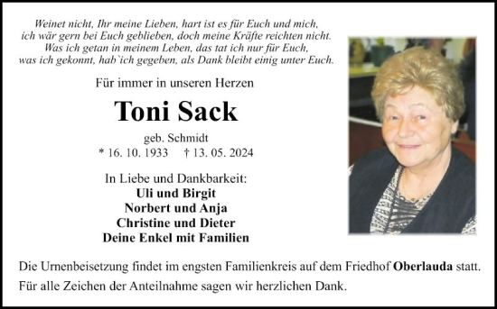 Traueranzeige von Toni Sack von Fränkische Nachrichten
