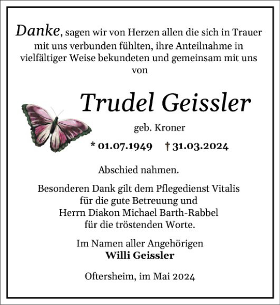 Traueranzeige von Trudel Geissler von Schwetzinger Zeitung