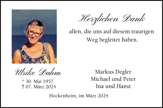 Traueranzeige von Ulrike Dahm von Schwetzinger Zeitung