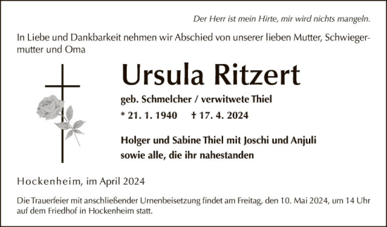 Traueranzeige von Ursula Ritzert von Schwetzinger Zeitung