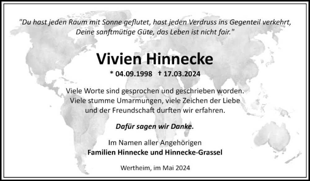  Traueranzeige für Vivien Hinnecke vom 04.05.2024 aus Fränkische Nachrichten
