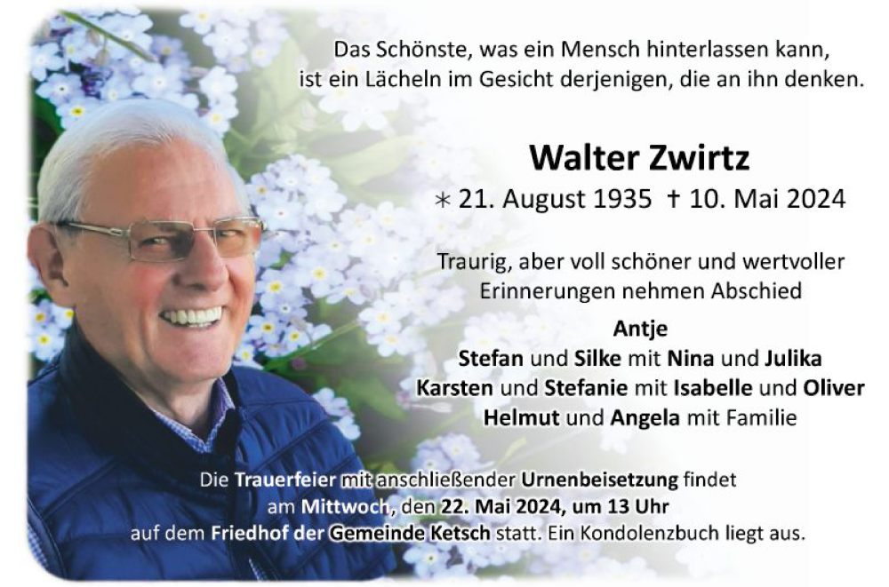  Traueranzeige für Walter Zwirtz vom 17.05.2024 aus Schwetzinger Zeitung