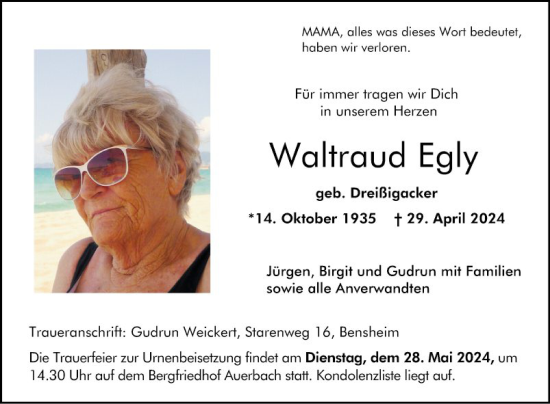 Traueranzeige von Waltraud Egly von Bergsträßer Anzeiger