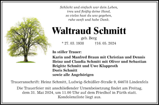 Traueranzeige von Waltraud Schmitt von Bergsträßer Anzeiger