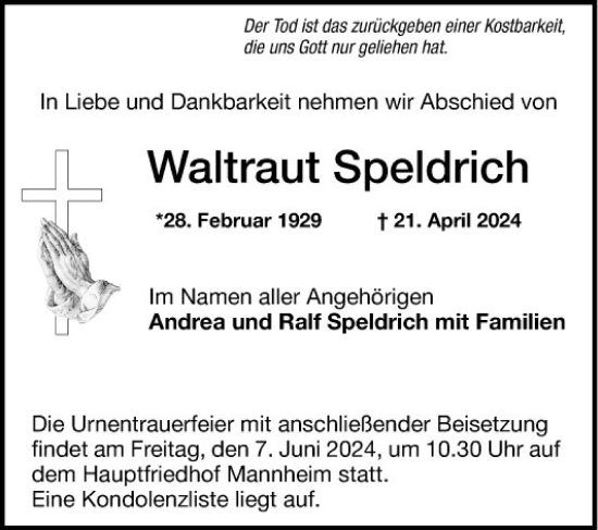 Traueranzeige von Waltraut Speldrich von Mannheimer Morgen