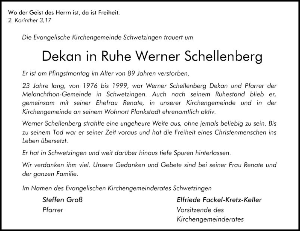  Traueranzeige für Werner Schellenberg vom 31.05.2024 aus Schwetzinger Zeitung