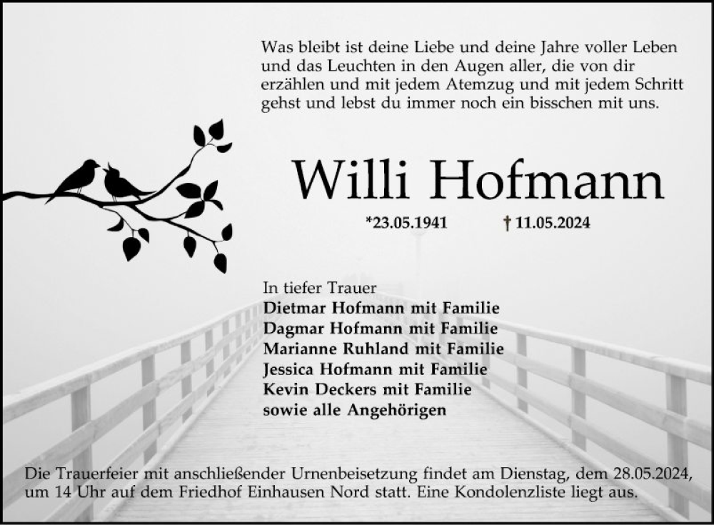  Traueranzeige für Willi Hofmann vom 25.05.2024 aus Bergsträßer Anzeiger