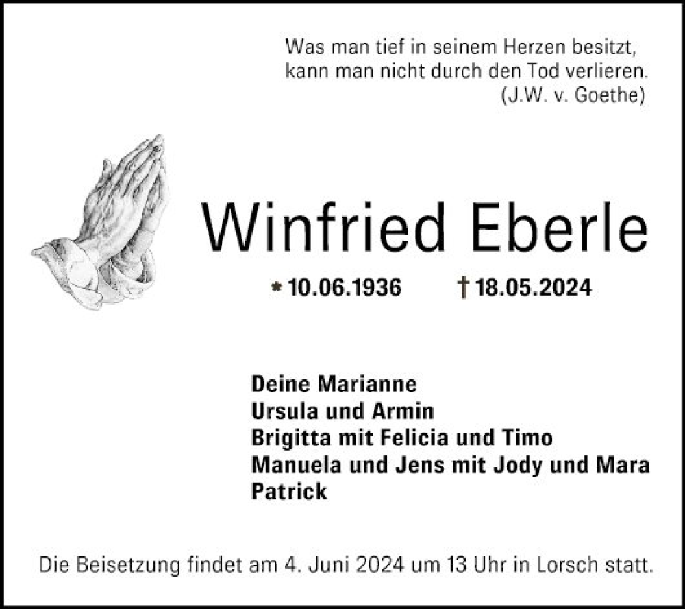  Traueranzeige für Winfried Eberle vom 25.05.2024 aus Bergsträßer Anzeiger