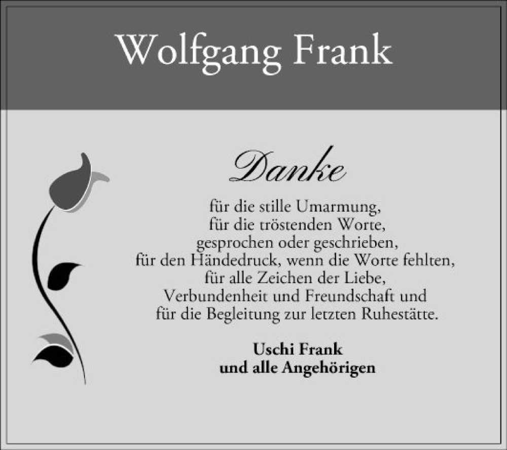  Traueranzeige für Wolfgang Frank vom 25.05.2024 aus Schwetzinger Zeitung