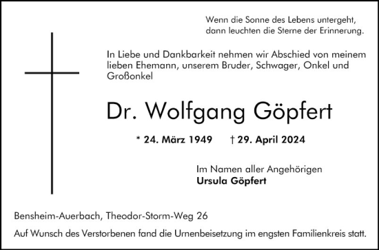 Traueranzeige von Wolfgang Göpfert von Bergsträßer Anzeiger