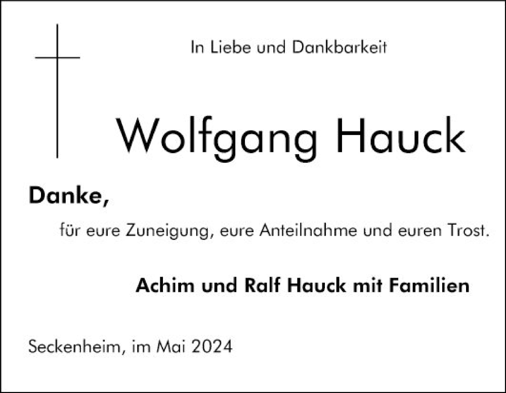  Traueranzeige für Wolfgang Hauck vom 11.05.2024 aus Mannheimer Morgen