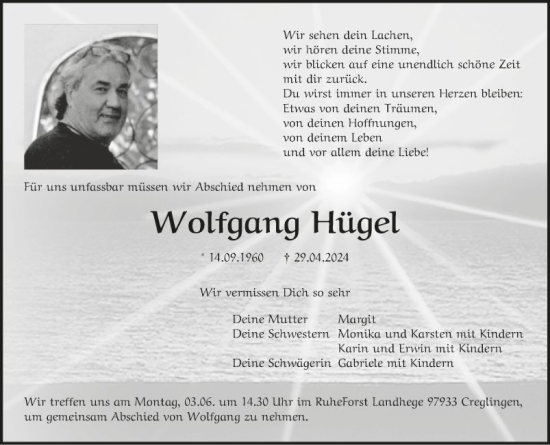 Traueranzeige von Wolfgang Hügel von Fränkische Nachrichten