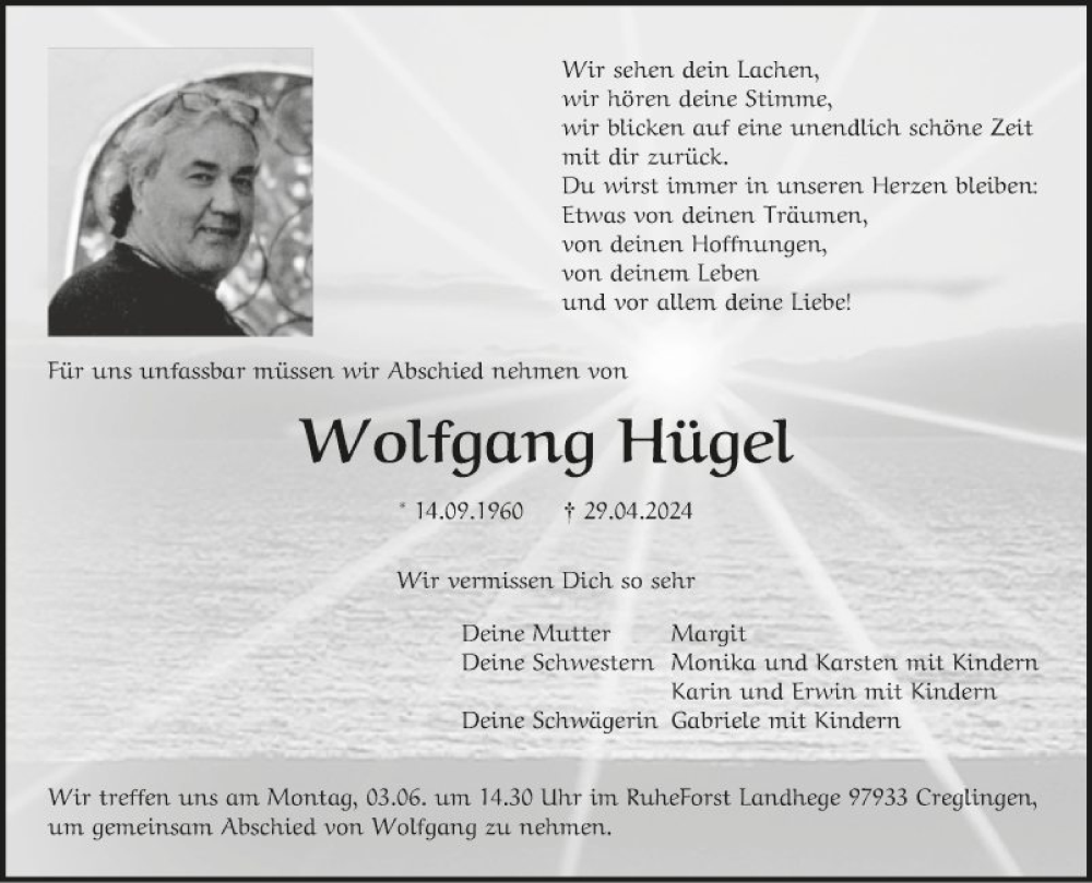  Traueranzeige für Wolfgang Hügel vom 25.05.2024 aus Fränkische Nachrichten