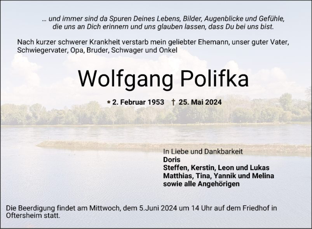  Traueranzeige für Wolfgang Polifka vom 01.06.2024 aus Schwetzinger Zeitung