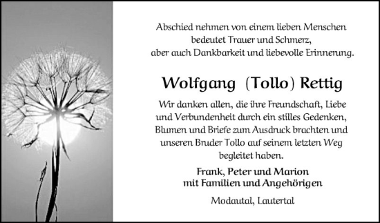 Traueranzeige von Wolfgang Rettig von Bergsträßer Anzeiger