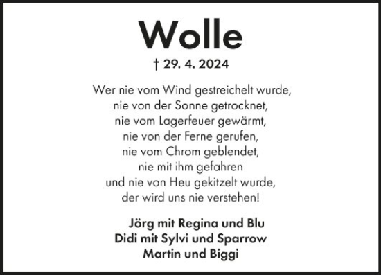 Traueranzeige von Wolle  von Fränkische Nachrichten