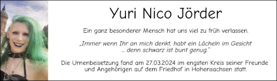 Traueranzeige von Yuri Nico Jörder von Mannheimer Morgen