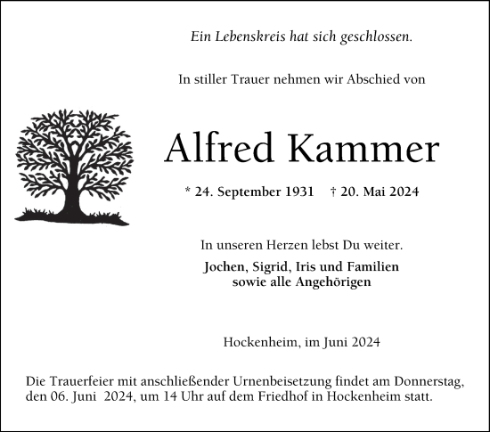 Traueranzeige von Alfred Kammer von Schwetzinger Zeitung