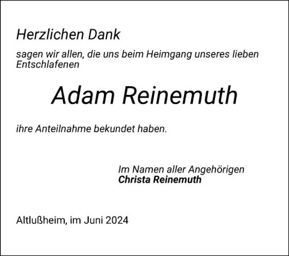  Traueranzeige für Adam Reinemuth vom 22.06.2024 aus Schwetzinger Zeitung