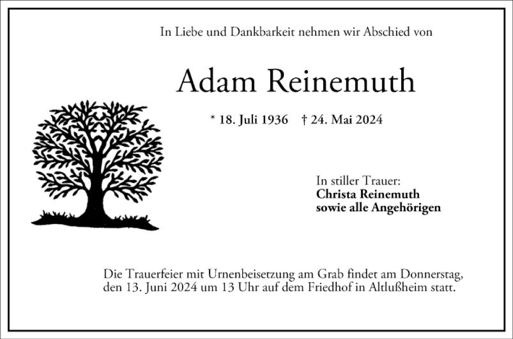  Traueranzeige für Adam Reinemuth vom 08.06.2024 aus Schwetzinger Zeitung