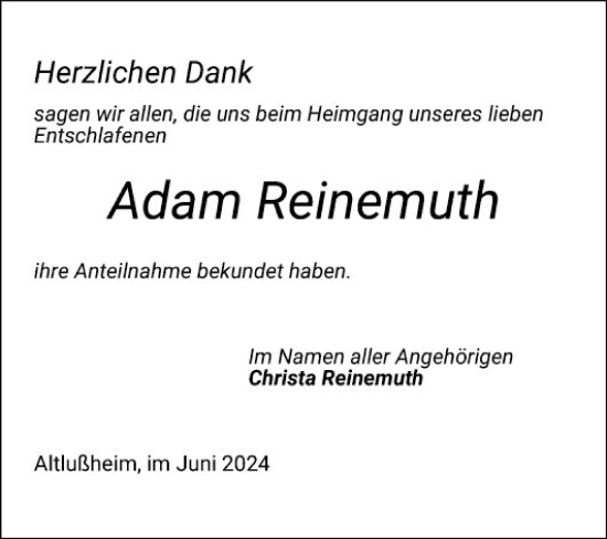 Traueranzeige von Adam Reinemuth von Schwetzinger Zeitung