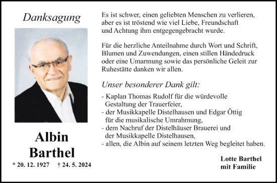 Traueranzeige von Albin Barthel von Fränkische Nachrichten