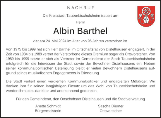 Traueranzeige von Albin Barthel von Fränkische Nachrichten