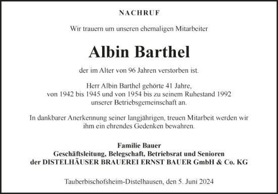Traueranzeige von Albin Barthel von Fränkische Nachrichten