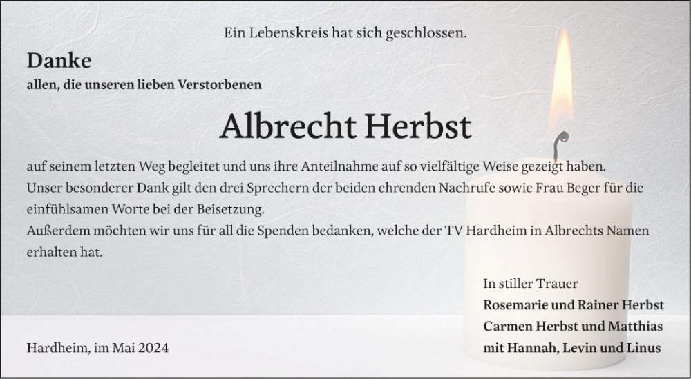  Traueranzeige für Albrecht Herbst vom 08.06.2024 aus Fränkische Nachrichten