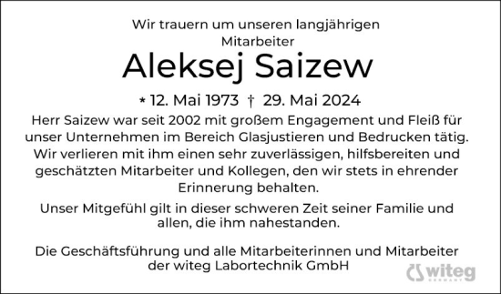 Traueranzeige von Aleksej Saizew von Fränkische Nachrichten