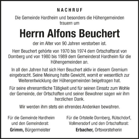 Traueranzeige von Alfons Beuchert von Fränkische Nachrichten