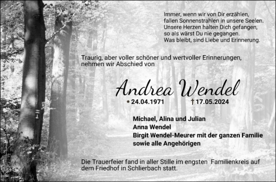 Traueranzeige von Andrea Wendel von Bergsträßer Anzeiger