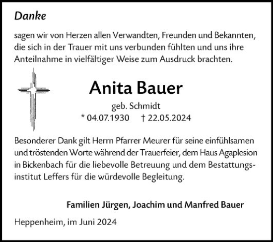 Traueranzeige von Anita Bauer von Bergsträßer Anzeiger