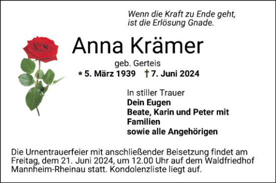 Traueranzeige von Anna Krämer von Mannheimer Morgen