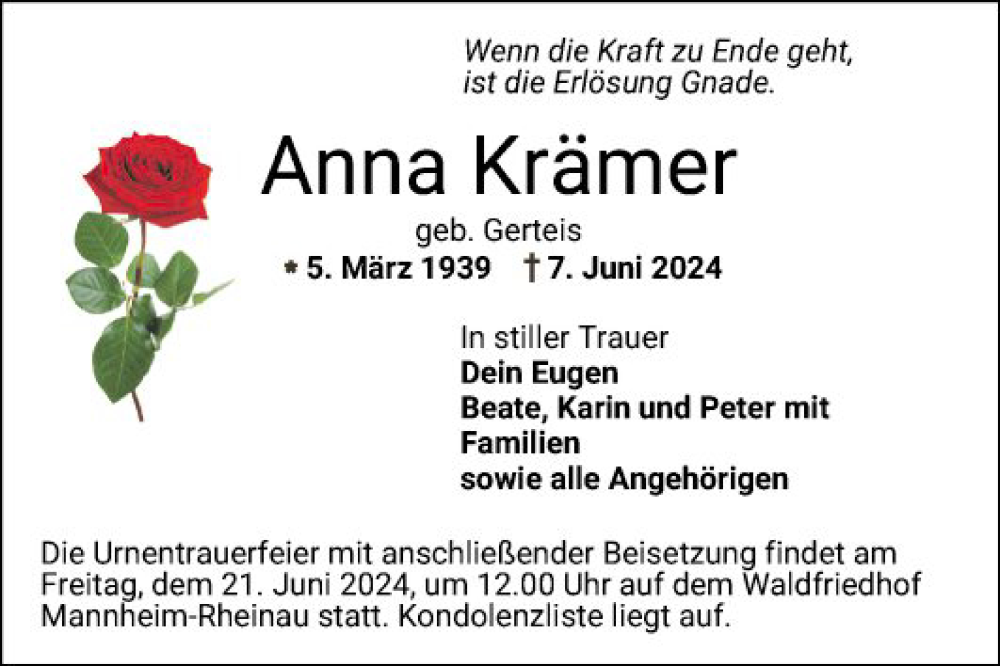  Traueranzeige für Anna Krämer vom 15.06.2024 aus Mannheimer Morgen